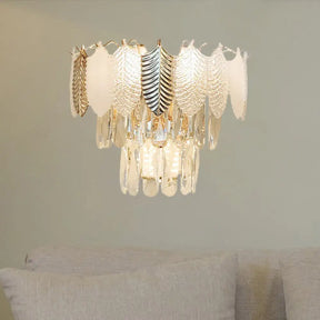 Modern Crystal Wall Sconce With Tapered Design Golden Accents And Acrylic Leaves Clear