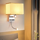 Modern Cuboid Wall Lamp With Usb Port Spotlight And Fabric Shade (Black/White/Flaxen) Flaxen