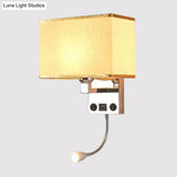 Modern Cuboid Wall Lamp With Usb Port Spotlight And Fabric Shade (Black/White/Flaxen)