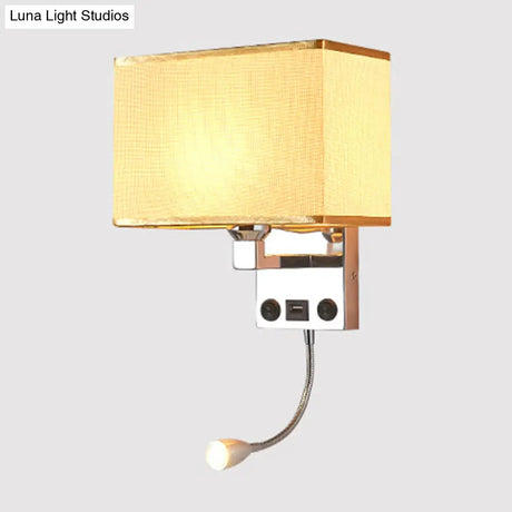 Modern Cuboid Wall Lamp With Usb Port Spotlight And Fabric Shade (Black/White/Flaxen)