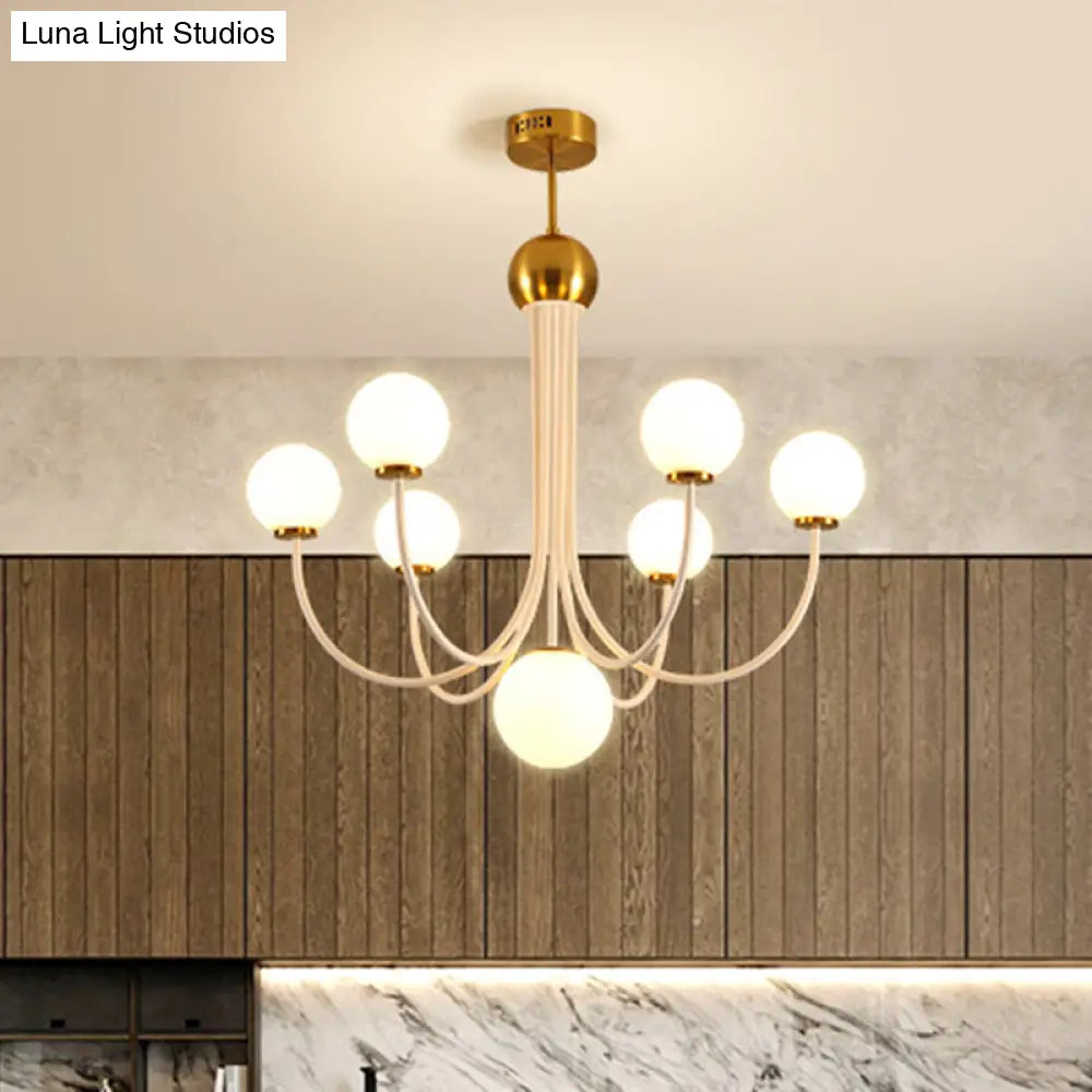 Modern Curved Arm Chandelier With Sputnik Design & White Glass - Led Hanging Light Fixture (5/7