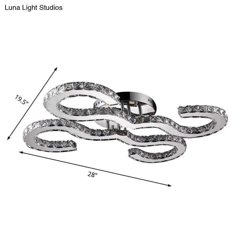 Modern Curved Ceiling Crystal And Metal Sconce Light In Chrome For Bedroom - Warm/White/3 Color