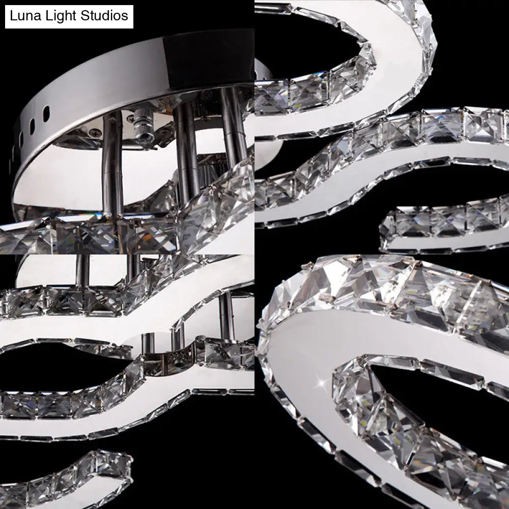 Modern Curved Ceiling Crystal And Metal Sconce Light In Chrome For Bedroom - Warm/White/3 Color