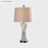 Modern Curved Clear Crystal Glass Night Light - White Fabric Nightstand Lamp