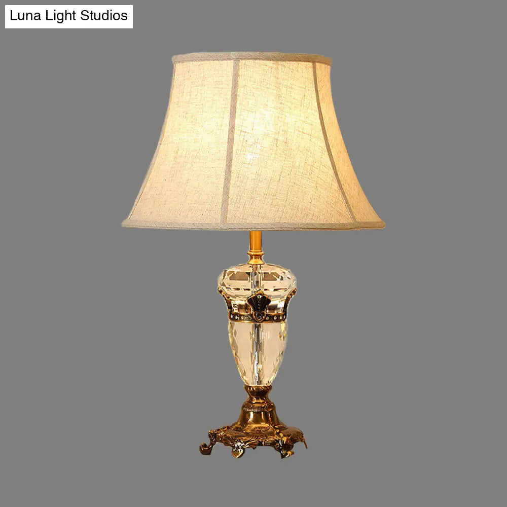 Modern Curved Fabric Desk Light With Faceted Crystal Accents - Beige Night Table Lamp