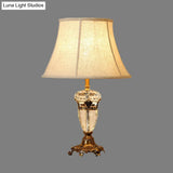 Modern Curved Fabric Desk Light With Faceted Crystal Accents - Beige Night Table Lamp