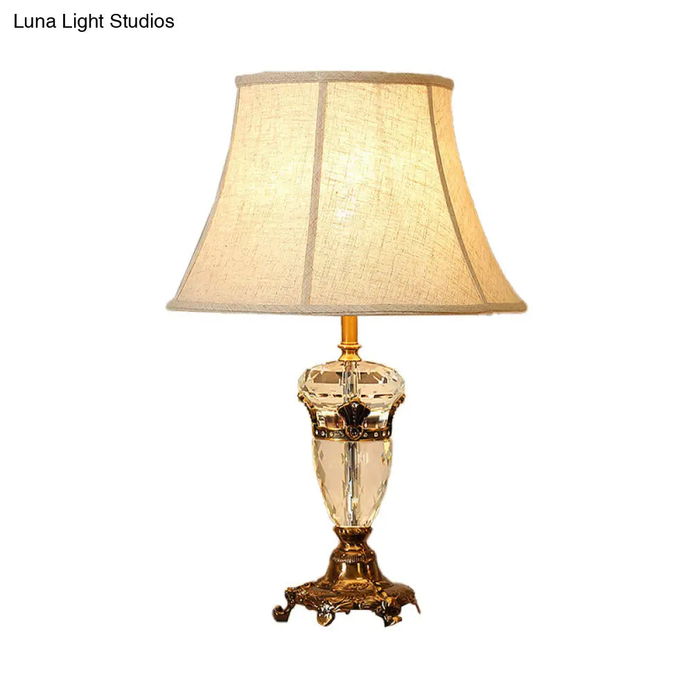 Modern Curved Fabric Desk Light With Faceted Crystal Accents - Beige Night Table Lamp