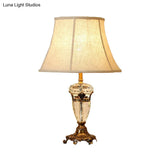 Modern Curved Fabric Desk Light With Faceted Crystal Accents - Beige Night Table Lamp