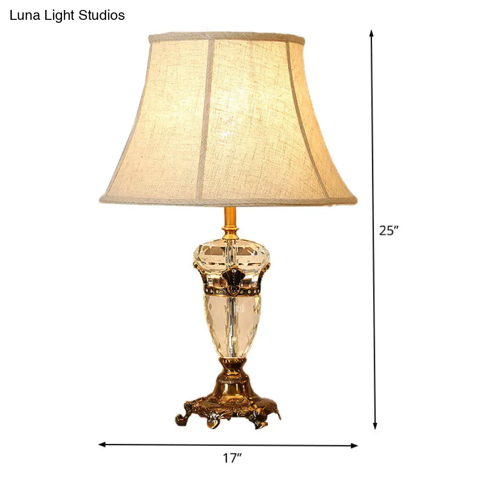 Modern Curved Fabric Desk Light With Faceted Crystal Accents - Beige Night Table Lamp