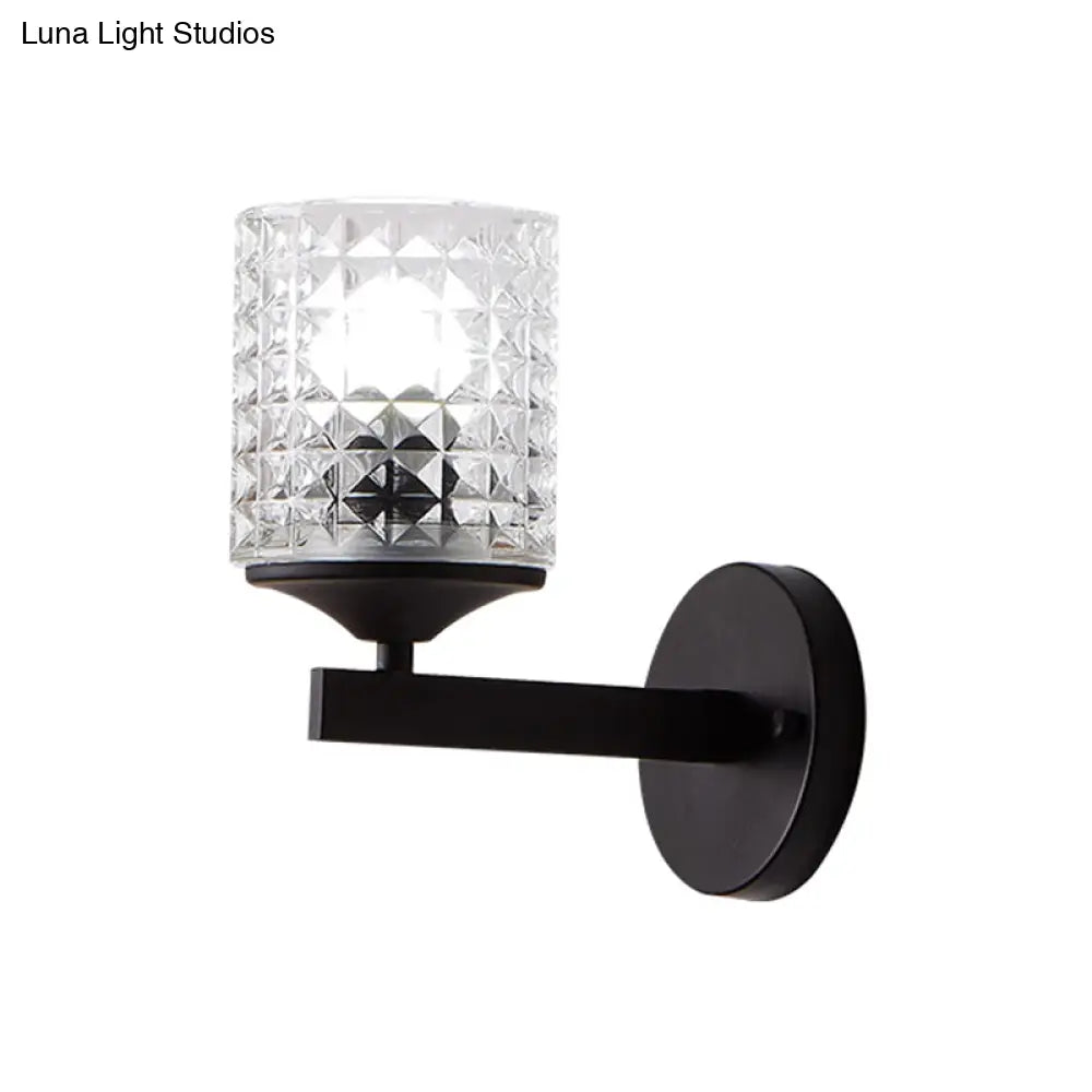 Modern Cylinder Clear Textured Glass Wall Sconce Light Single Bulb Bedroom Black/Silver