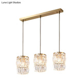 Modern Cylinder Crystal Hanging Light With Brass Finish - 3-Bulb Pendant Lamp Fixture
