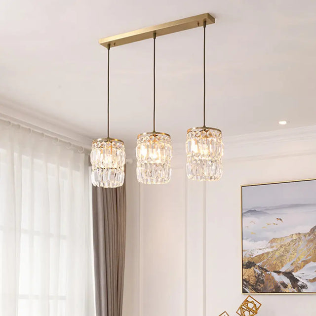Modern Cylinder Crystal Hanging Light With Brass Finish - 3-Bulb Pendant Lamp Fixture / Linear