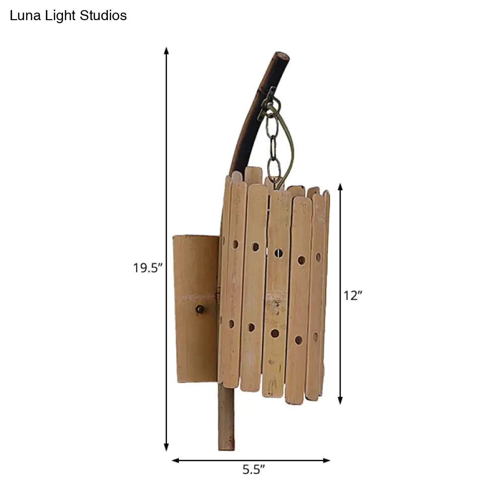 Modern Cylinder Shaped Bamboo Wood Wall Light Fixture With Pierced Design - Balcony Sconce Lighting