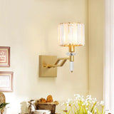 Modern Cylindrical Clear Crystal Wall Sconce With Curved Arm And Black/Gold Finish Gold