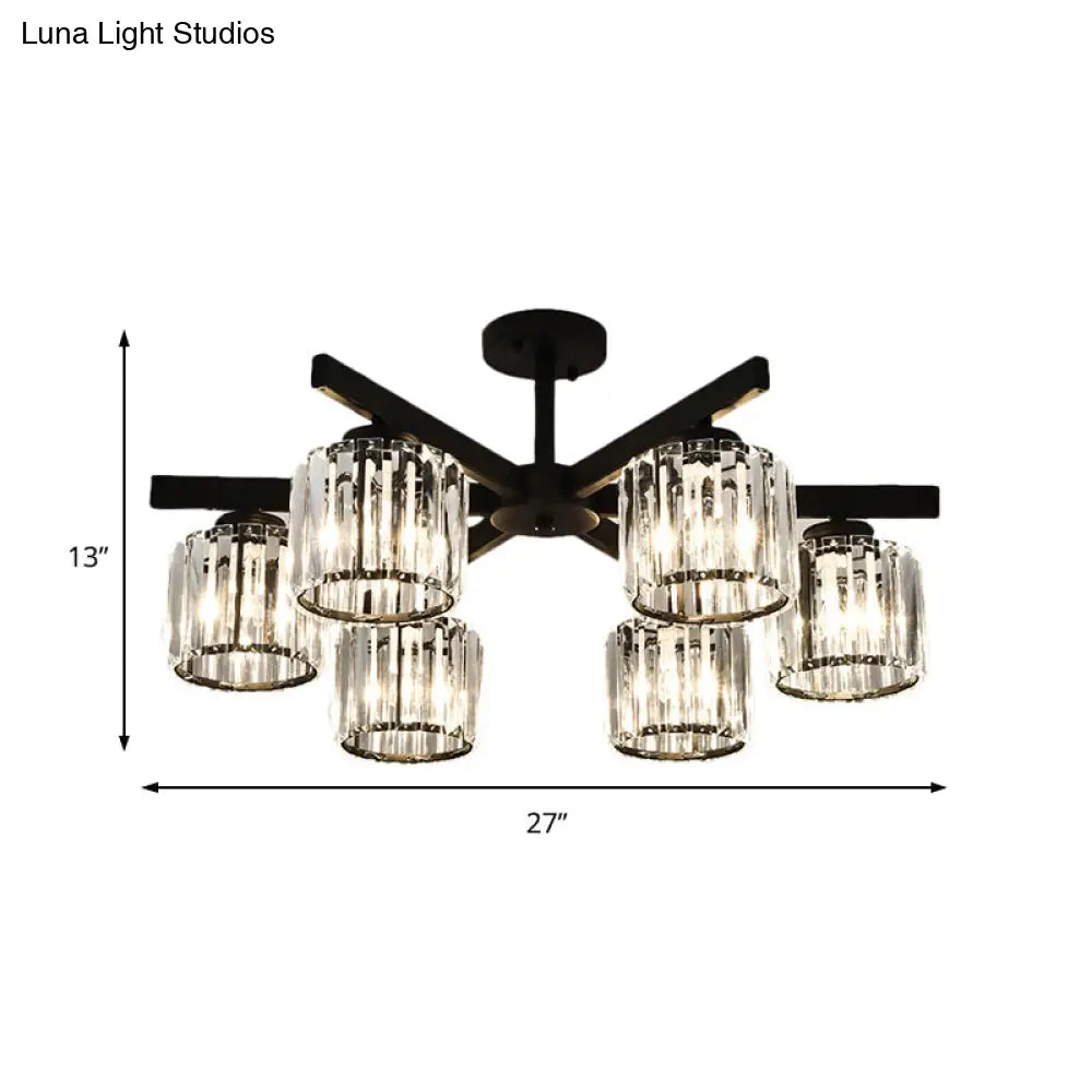 Modern Cylindrical Crystal Semi Flush Ceiling Light With 3/6/8-Head Design - Black Ideal For Living