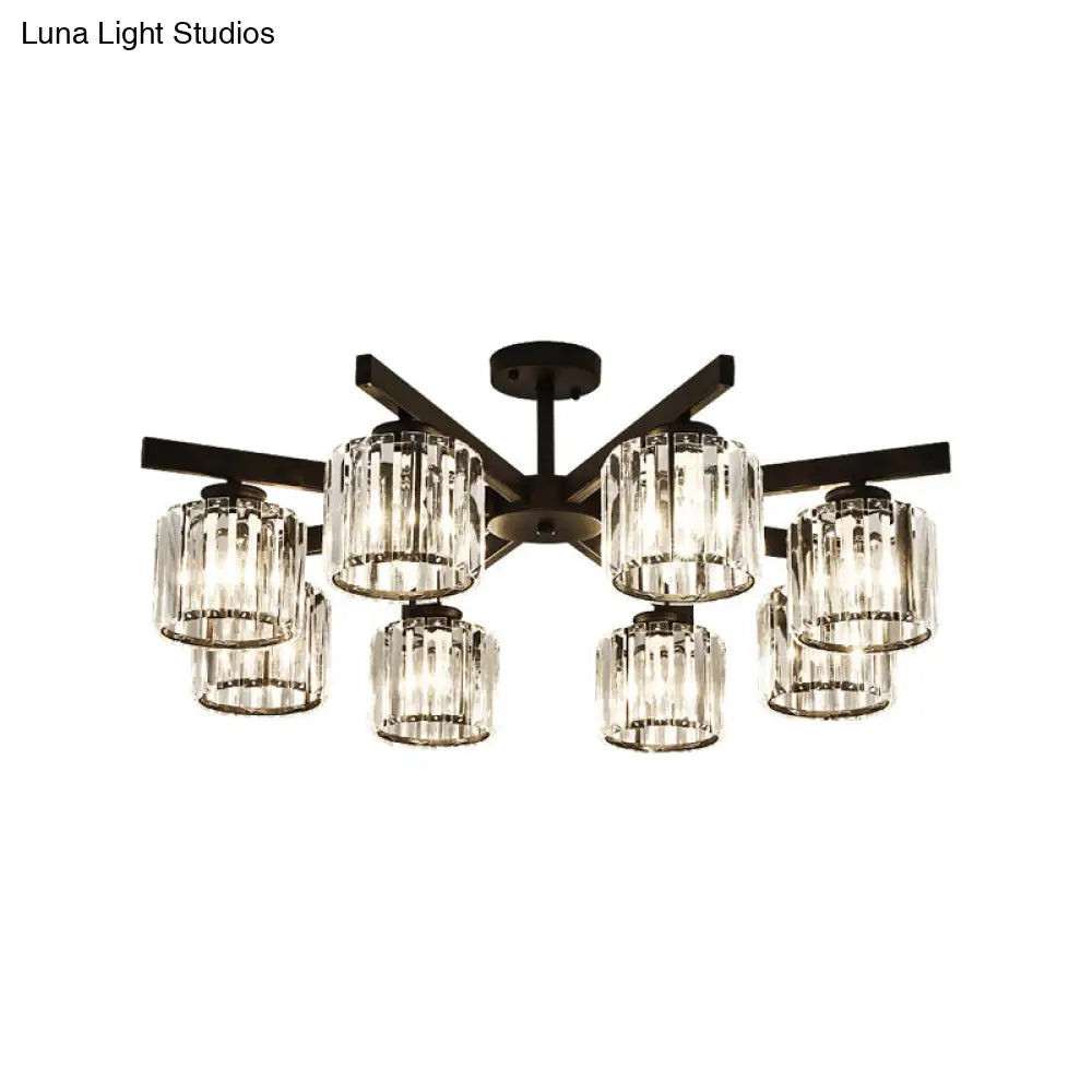 Modern Cylindrical Crystal Semi Flush Ceiling Light With 3/6/8-Head Design - Black Ideal For Living