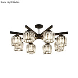 Modern Cylindrical Crystal Semi Flush Ceiling Light With 3/6/8-Head Design - Black Ideal For Living
