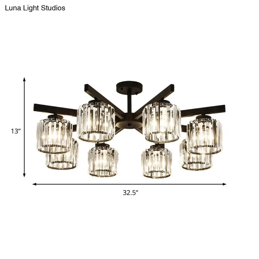 Modern Cylindrical Crystal Semi Flush Ceiling Light With 3/6/8-Head Design - Black Ideal For Living