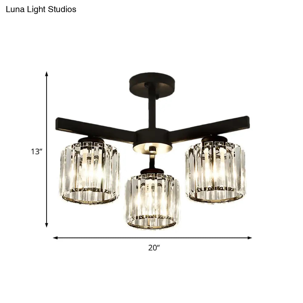 Modern Cylindrical Crystal Semi Flush Ceiling Light With 3/6/8-Head Design - Black Ideal For Living