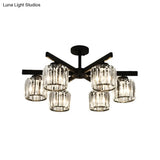 Modern Cylindrical Crystal Semi Flush Ceiling Light With 3/6/8-Head Design - Black Ideal For Living