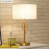 Modern Cylindrical Fabric Desk Light: White Night Table Lamp With Gold Metal Elk Accent