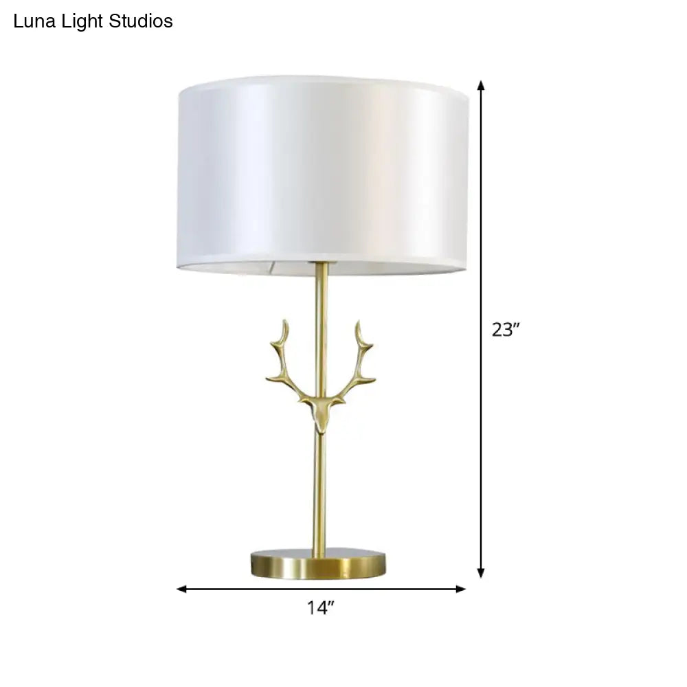 Modern Cylindrical Fabric Desk Light: White Night Table Lamp With Gold Metal Elk Accent
