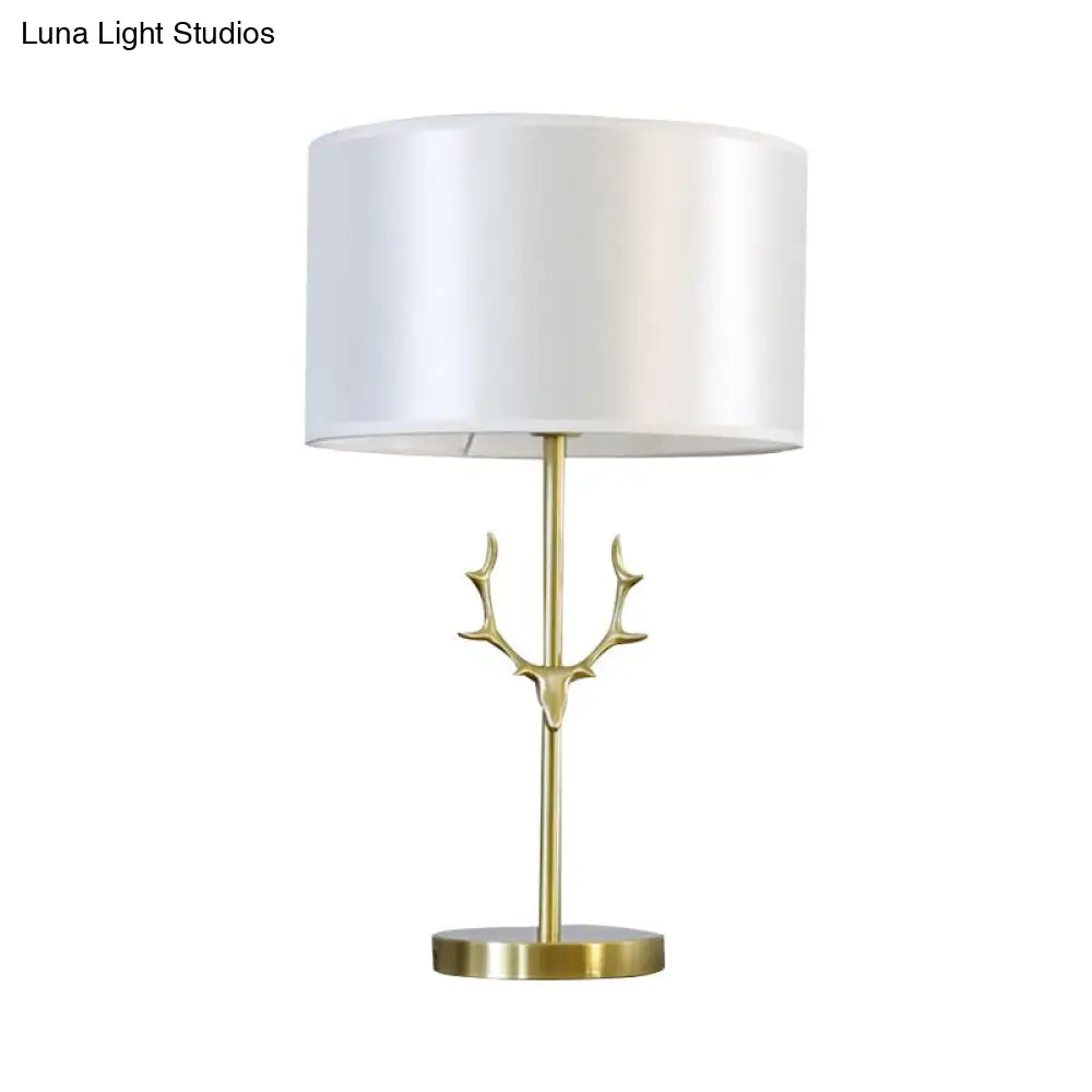 Modern Cylindrical Fabric Desk Light: White Night Table Lamp With Gold Metal Elk Accent