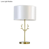 Modern Cylindrical Fabric Desk Light: White Night Table Lamp With Gold Metal Elk Accent