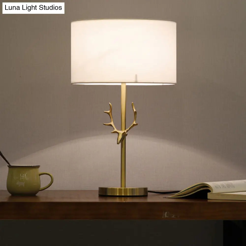 Modern Cylindrical Fabric Desk Light: White Night Table Lamp With Gold Metal Elk Accent
