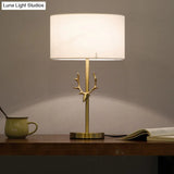 Modern Cylindrical Fabric Desk Light: White Night Table Lamp With Gold Metal Elk Accent