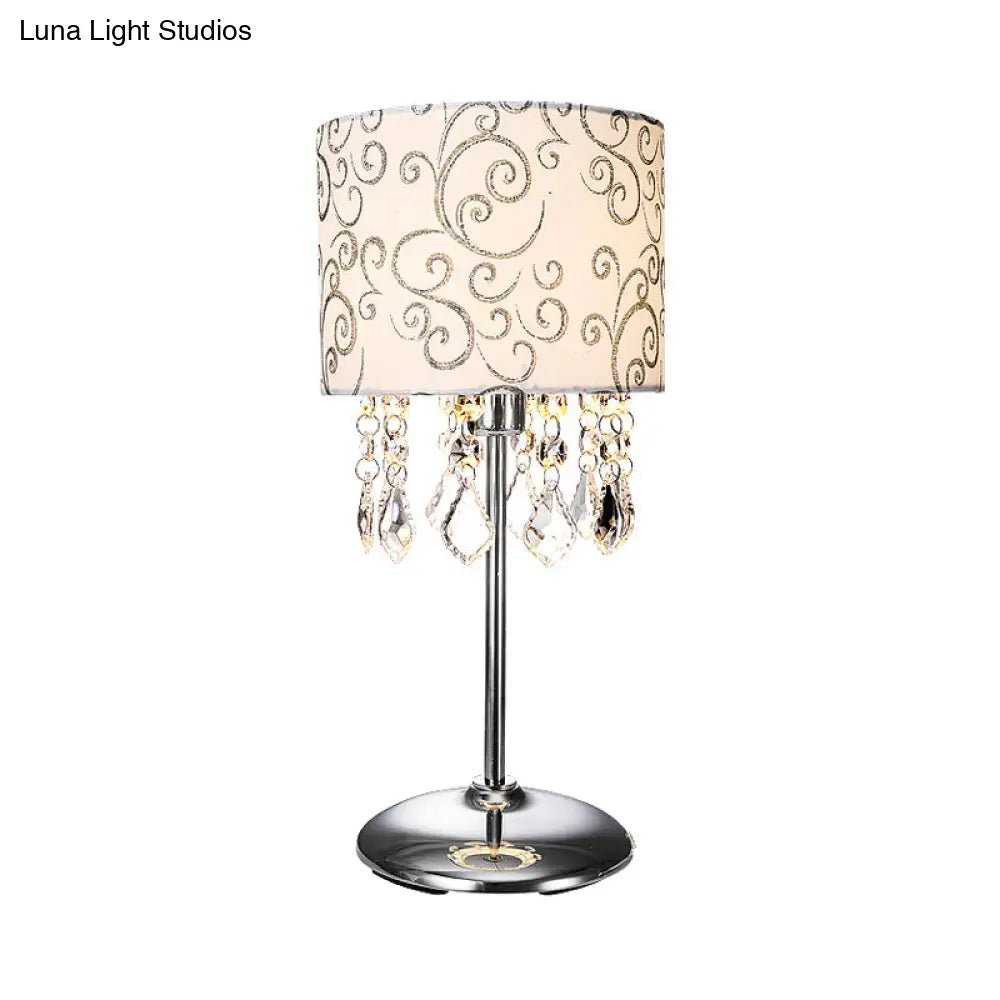 Modern Cylindrical Fabric Night Lamp - Stylish Bedroom Table Light In Nickel With Swirl Pattern And