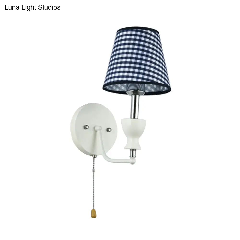 Modern Dark Blue 1-Head Barrel Wall Lamp With Pull Chain - Perfect For Bedrooms