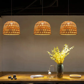 Modern Dome Bamboo Pendant Lighting 1 Light Ceiling Lamp - 14’/19.5’ Diameter Beige Dining Room
