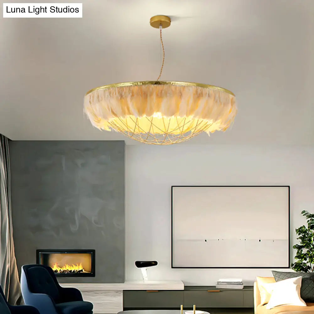 Modern Dome Cage Metallic Chandelier: Gold 2-Bulb Ceiling Lamp With Feather Deco - White Grey Pink