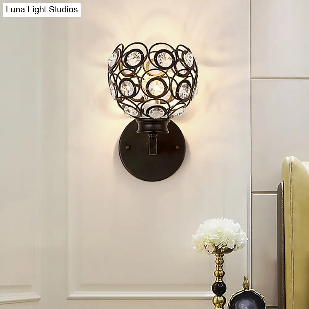 Modern Dome Clear Crystal Wall Lamp With Brass/Black Finish - Ideal Bedroom Lighting