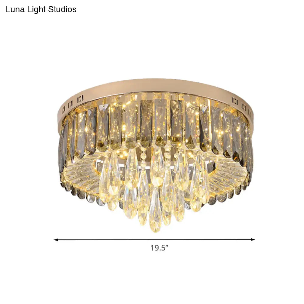 Modern Drum Bedroom Flush Mount Lighting: Smoke Gray Crystal Led Ceiling Lamp