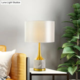 Modern Drum Fabric Nightstand Lamp In White With Marble Base Perfect For Living Room Lighting