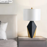 Modern Drum Fabric Table Light With Geometric Black Metal Base - White Reading Lamp