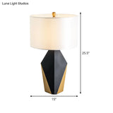 Modern Drum Fabric Table Light With Geometric Black Metal Base - White Reading Lamp