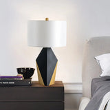Modern Drum Fabric Table Light With Geometric Black Metal Base - White Reading Lamp