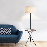 Modern Drum Floor Lamp For Living Room - Single Light Standing In Flaxen Fabric