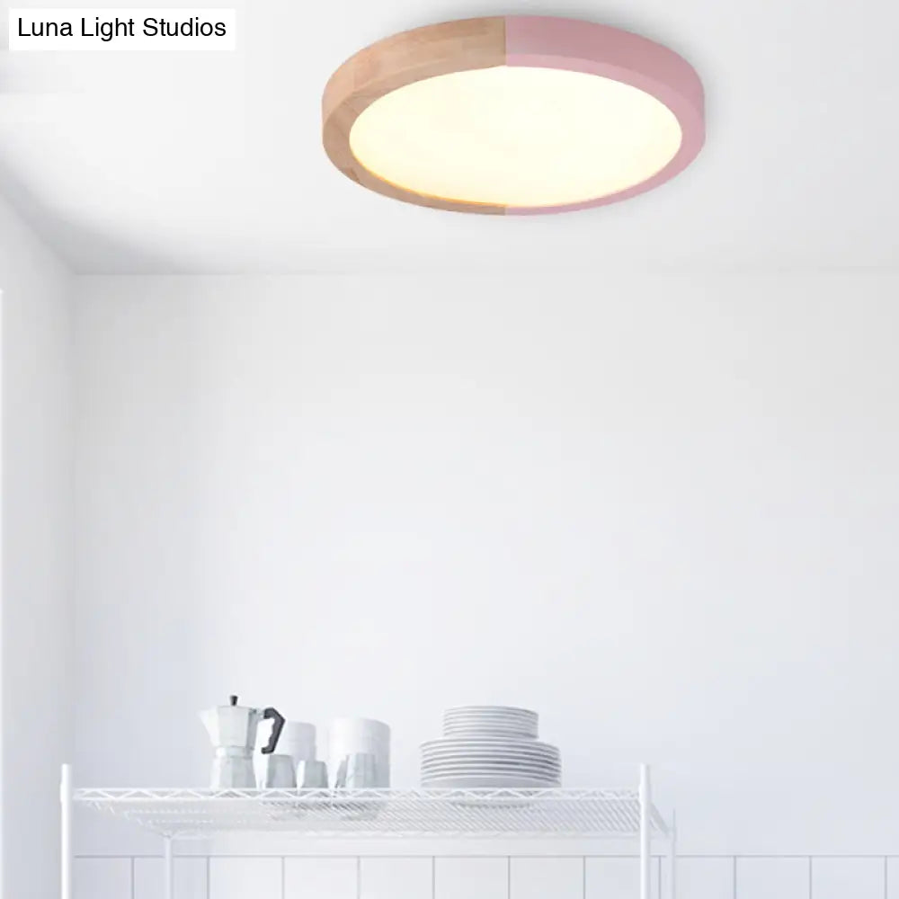 Modern Drum Flush Mount Light With Wood And Acrylic Shade For Kids Bedroom