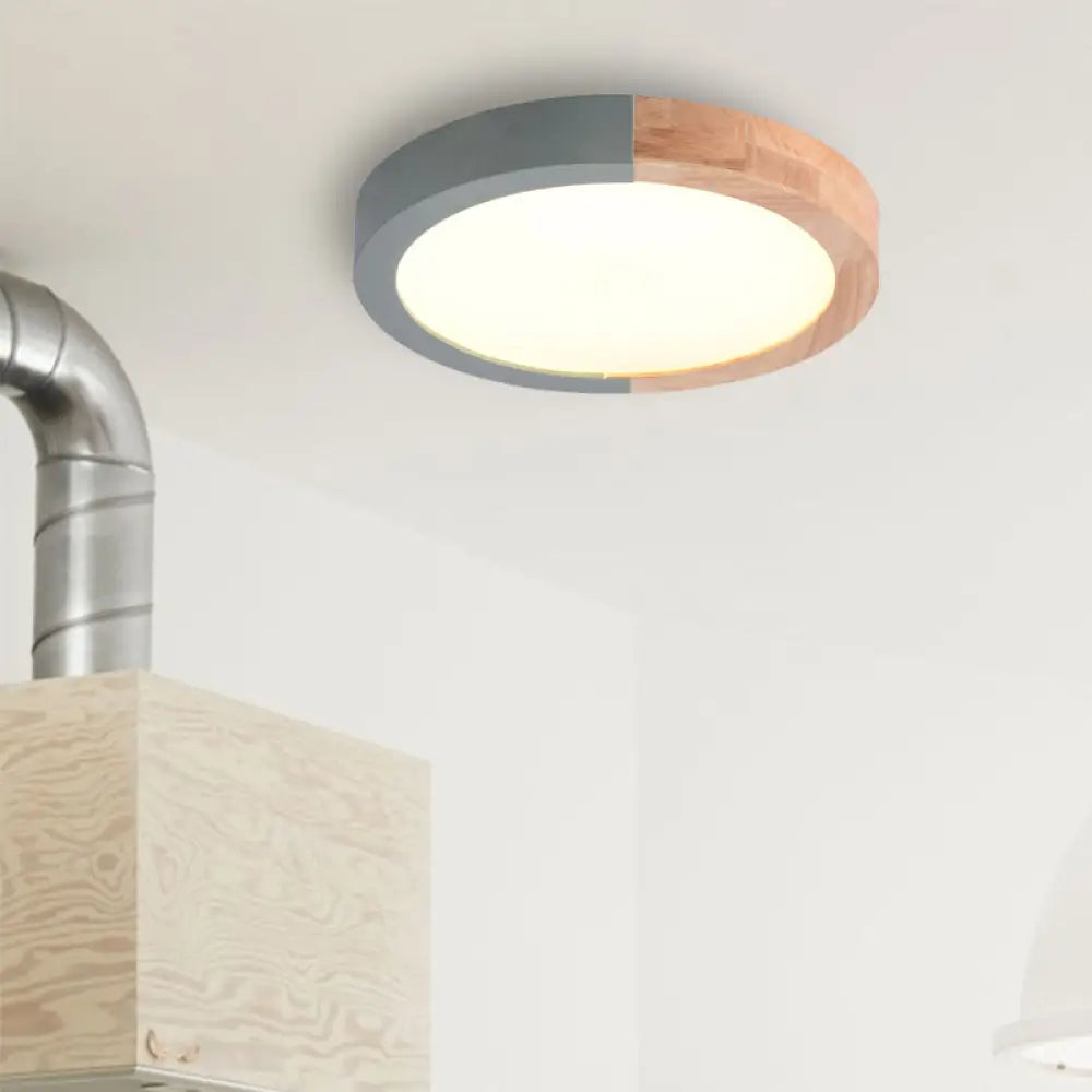 Modern Drum Flush Mount Light With Wood And Acrylic Shade For Kids Bedroom Green / 12’ White