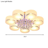 Modern Drum Flush Mount With Frosted Glass & Crystal Drop - 3/5/6 Head White Ceiling Light