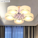 Modern Drum Flush Mount With Frosted Glass & Crystal Drop - 3/5/6 Head White Ceiling Light