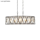 Modern Drum Frame Island Pendant Light | Black Metal With Crystal Block Accent 8 Bulbs Suspension
