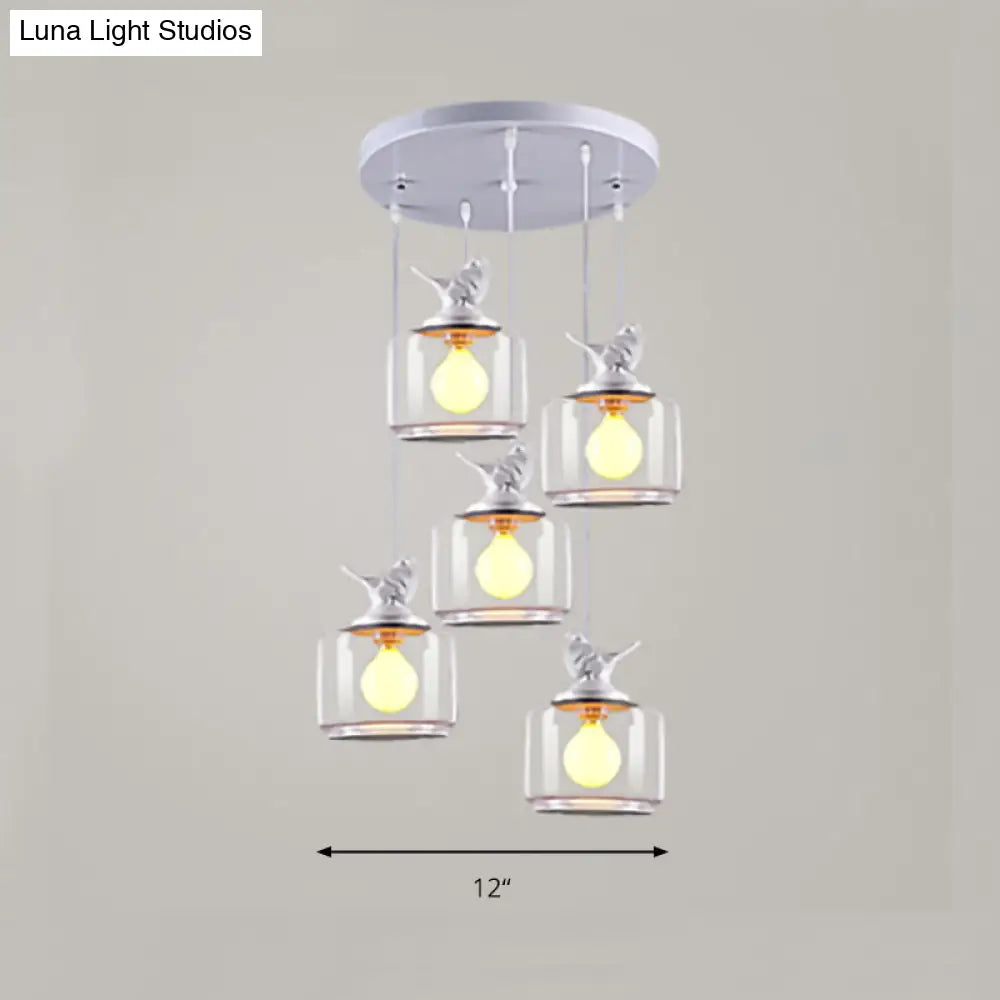 Modern Drum Hanging Lamp With Clear Glass And Bird Deco - Sleek White Ceiling Light For Living Room