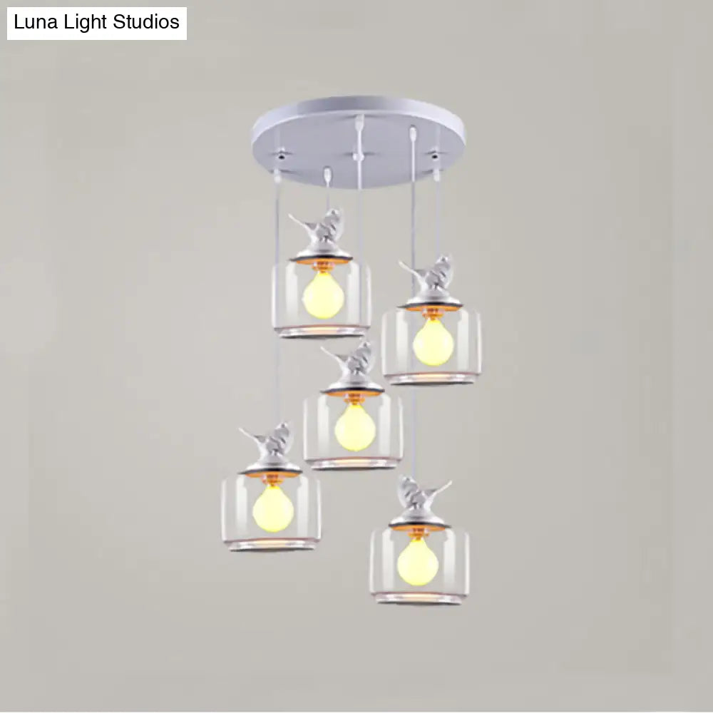 Modern Drum Hanging Lamp With Clear Glass And Bird Deco - Sleek White Ceiling Light For Living Room