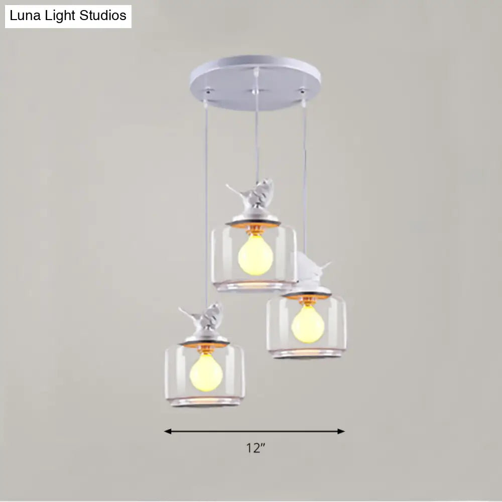 Modern Drum Hanging Lamp With Clear Glass And Bird Deco - Sleek White Ceiling Light For Living Room