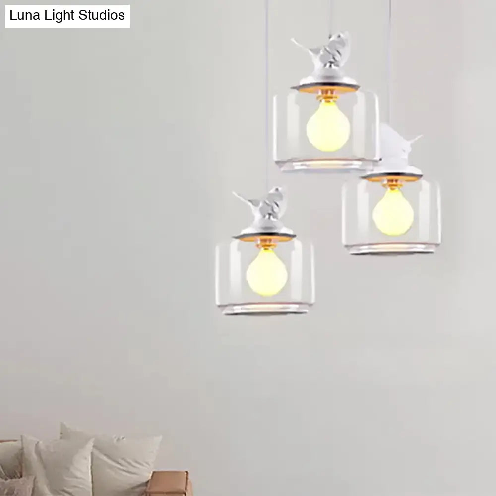 Modern Drum Hanging Lamp With Clear Glass And Bird Deco - Sleek White Ceiling Light For Living Room